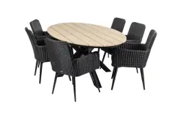 7-delige tuinset | 6 Pisa tuinstoelen (Black) | 220cm ovale Cyprus tuintafel (Wood)