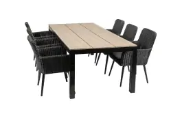 7-delige tuinset | 6 Pisa stoelen (Black) | 225cm Cyprus tuintafel (Wood)
