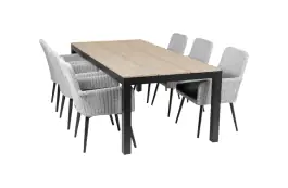 7-delige tuinset | 6 Pisa stoelen (White) | 225cm Cyprus tuintafel (Wood)