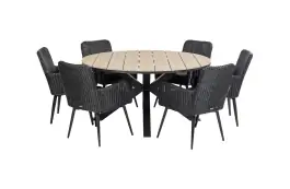 7-delige ronde tuinset | 6 Pisa tuinstoelen (Black) | ⌀150cm Cyprus tuintafel (Wood)