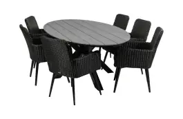 7-delige tuinset | 6 Pisa tuinstoelen (Black) | 220cm ovale Cyprus tuintafel (Grey)