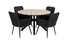 5-delige ronde tuinset | 4 Pisa tuinstoelen (Black) | ⌀120cm Cyprus tuintafel (Wood)