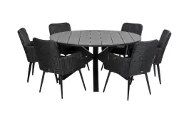 7-delige ronde tuinset | 6 Pisa tuinstoelen (Black) | ⌀150cm Cyprus tuintafel (Grey)