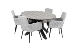 5-delige tuinset | 4 Pisa tuinstoelen (White) | 180cm ovale Cyprus tuintafel (Grey)