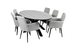 7-delige tuinset | 6 Pisa tuinstoelen (White) | 220cm ovale Cyprus tuintafel (Grey)