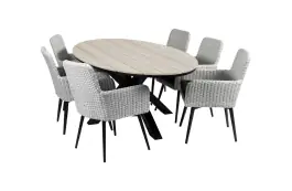 7-delige tuinset | 6 Pisa tuinstoelen (White) | 220cm ovale Cyprus tuintafel (Wood)