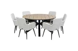 7-delige ronde tuinset | 6 Pisa tuinstoelen (White) | ⌀150cm Cyprus tuintafel (Wood)