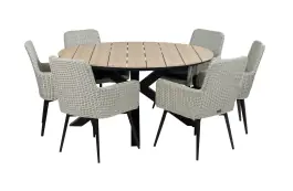 7-delige ronde tuinset | 6 Pisa tuinstoelen (White) | ⌀150cm Cyprus tuintafel (Wood)