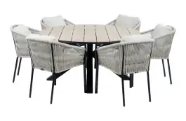 7-delige ronde tuinset | 6 Elvira tuinstoelen (Black) | Tuintafel Cyprus ø150cm (Wood)