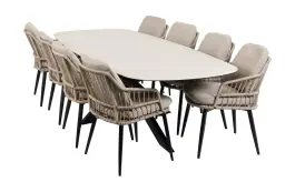 9-delige tuinset | 8 Isabel tuinstoelen (Sand) | Tuintafel Malaga 280x115cm (Black)