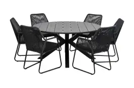 7-delige ronde tuinset | 6 Mona tuinstoelen (Black) | ⌀150cm Cyprus tuintafel (Grey)