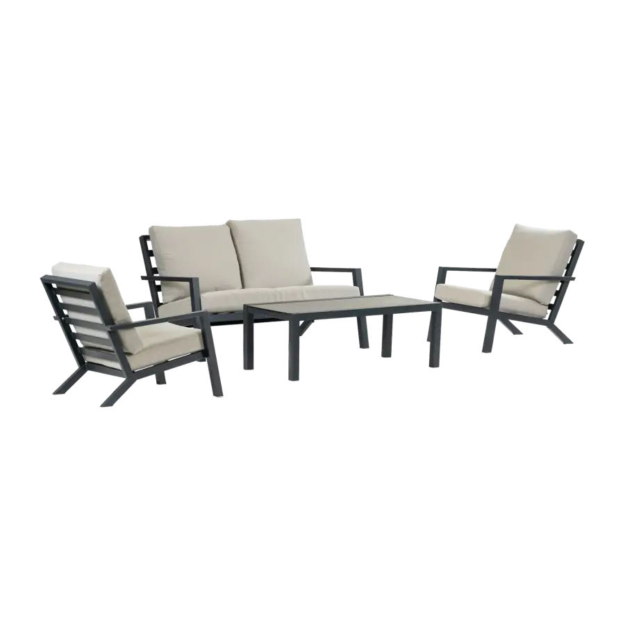 Stoel-bank Loungeset Bezano | met 2-persoonsbank | Matt Black/Off White |  Aluminium
