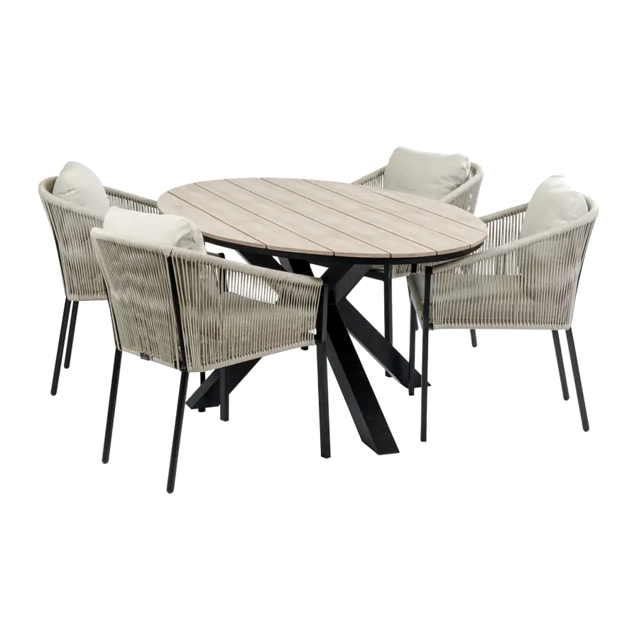 5-delige tuinset | 4 Elvira tuinstoelen (Black) | Tuintafel Cyprus 180x115cm (Wood)