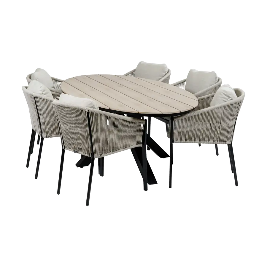 7-delige tuinset | 6 Elvira tuinstoelen (Black) | Tuintafel Cyprus 220x115cm (Wood)