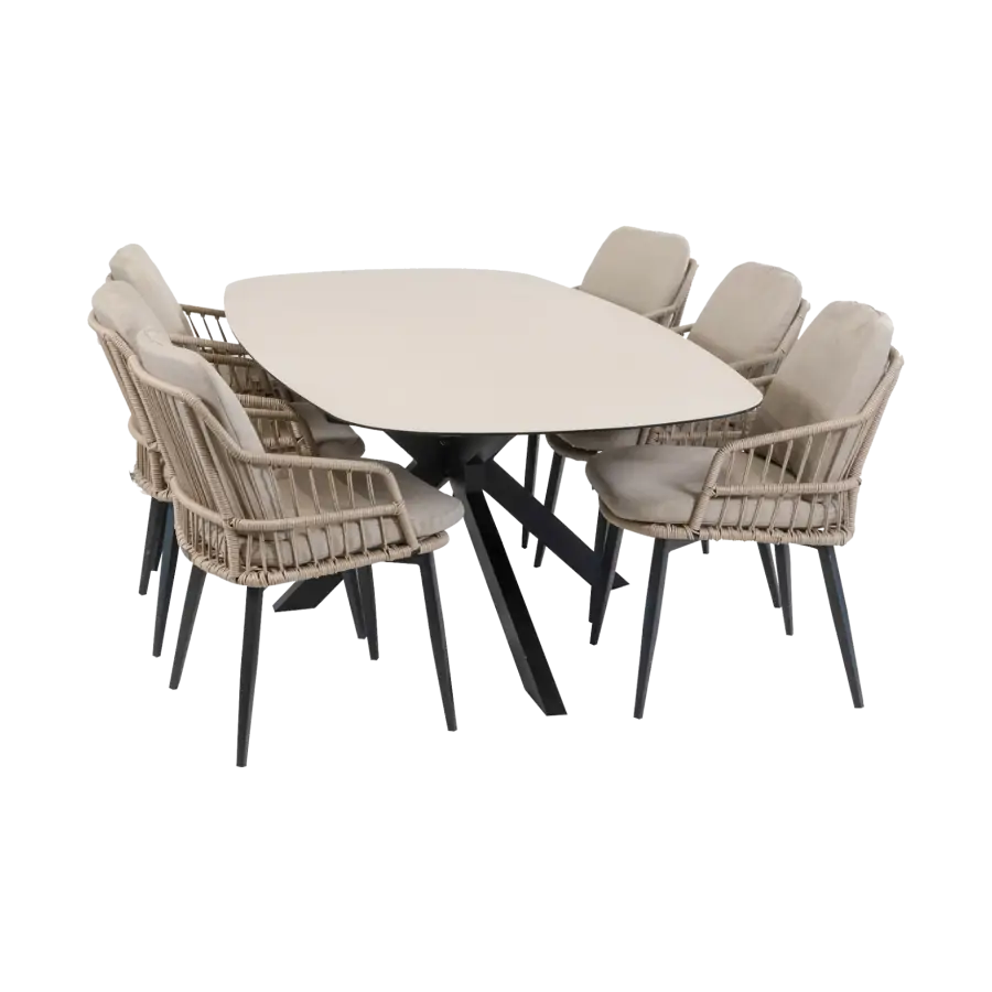 7-delige tuinset | 6 Isabel tuinstoelen (Sand) | Tuintafel Malaga 240x115cm (Black)
