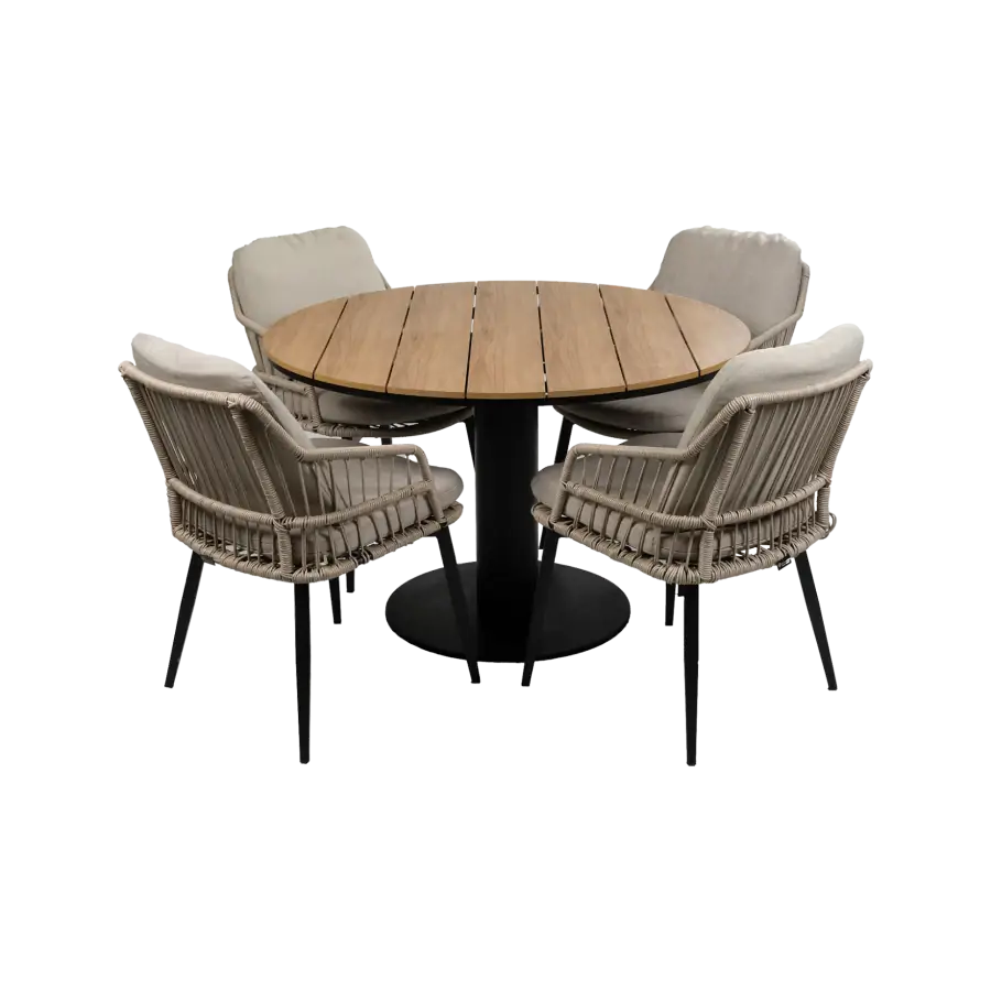 Isabel-Sand-Tower-tuintafel-rond-5delig-modern-stevig-4-seizoenen-tuinmeubelen