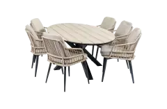 7-delige tuinset | 6 Isabel stoelen (Sand) | 220cm ovale Cyprus tuintafel (Wood)
