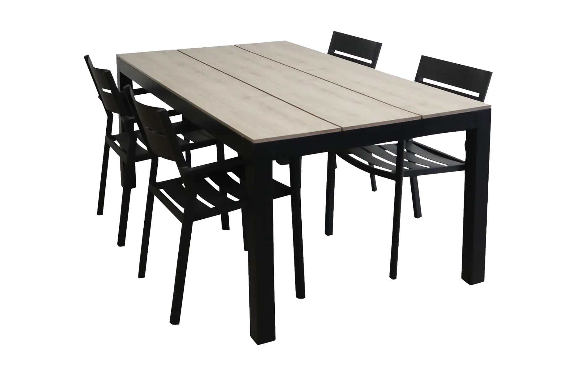 Delia tuinset-5 delige tuinset-Delia stapelbare tuinstoel black-polywood tuintafel-wood kleur tafelblad-aluminium frame