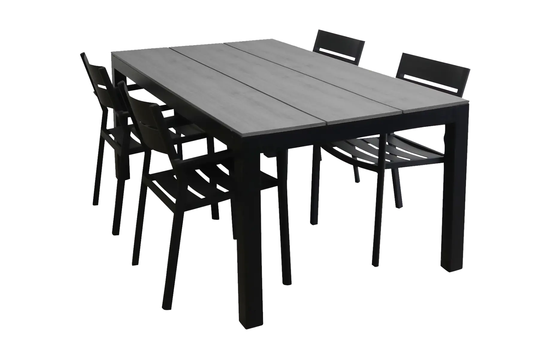 5-delige tuinset | 4 Delia stapelbare tuinstoelen (Black) | 160cm Cyprus tuintafel (Grey)