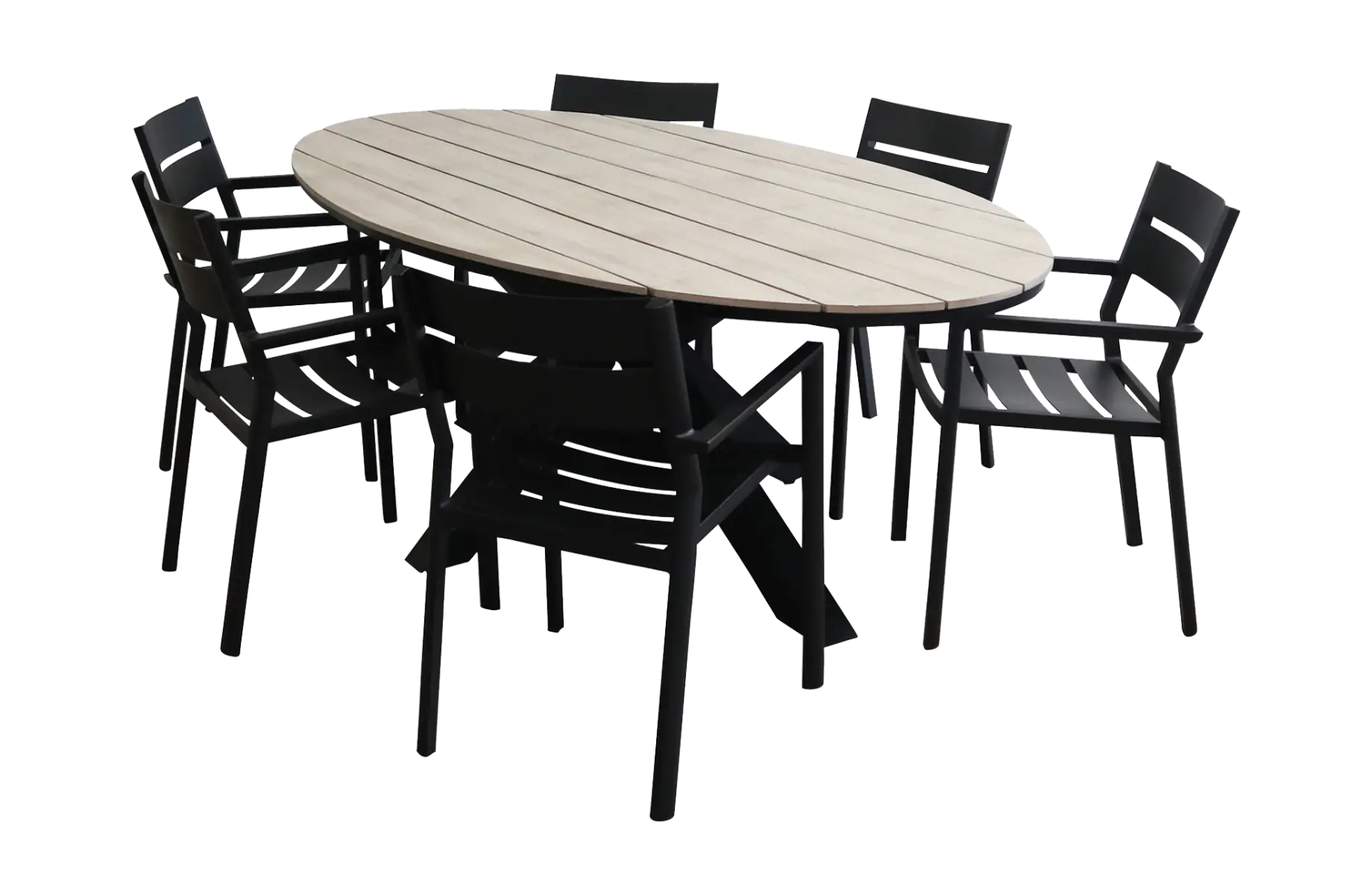 Delia ovale tuinset-7 delige tuinset-Delia stapelbare tuinstoel-black-polywood tuintafel-polywood tuintafel-aluminium frame-vooraanzicht