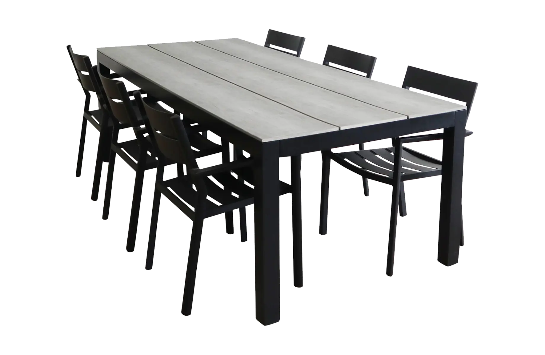 Delia tuinset-7 delige tuinset-Delia stapelbare tuinstoel-black-polywood tuintafel-grey kleur tafelblad-aluminium frame-vooraanzicht