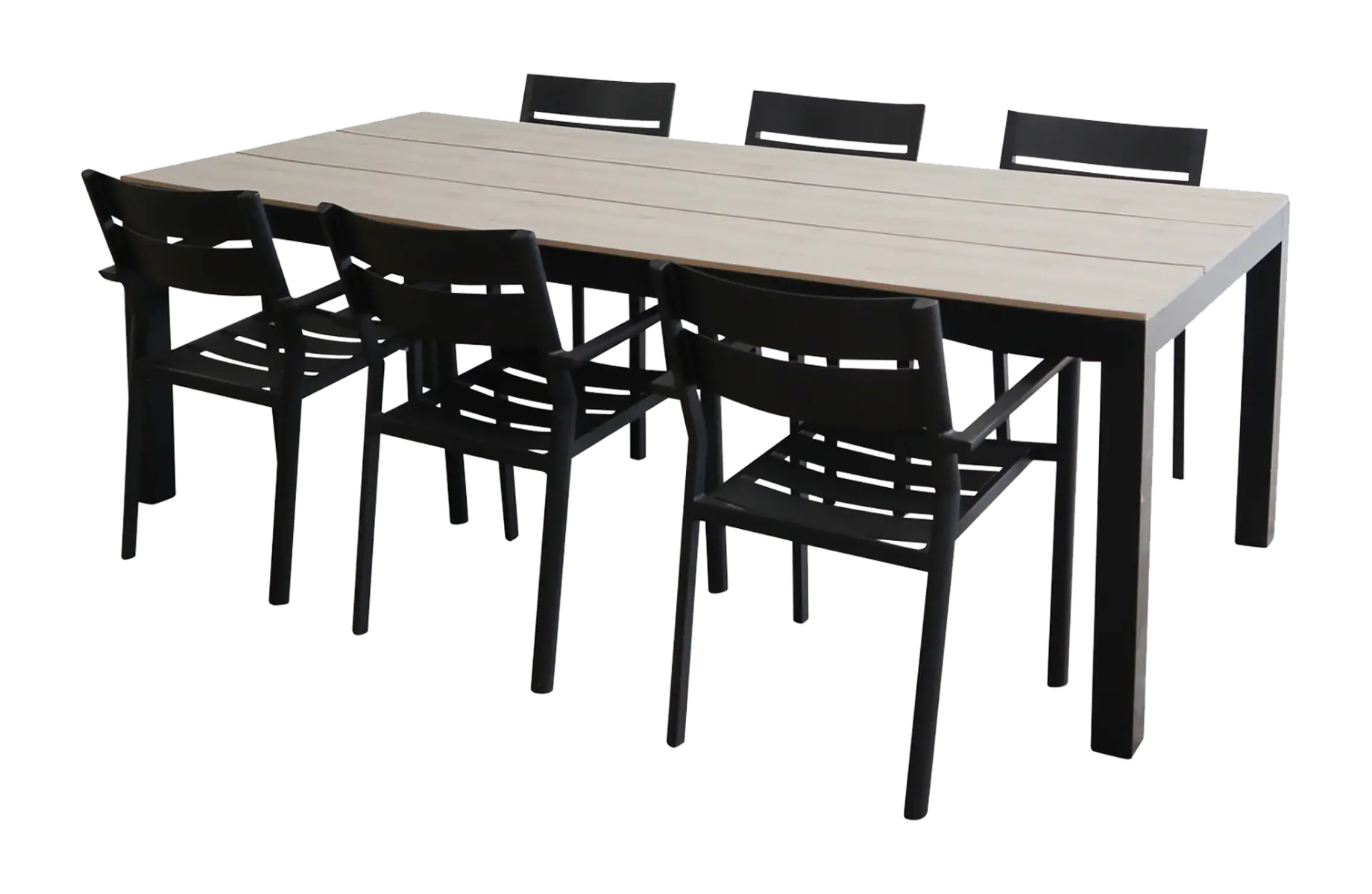 Delia tuinset-7 delige tuinset-Delia stapelbare tuinstoel-black-polywood tuintafel-wood kleur tafelblad-aluminium frame
