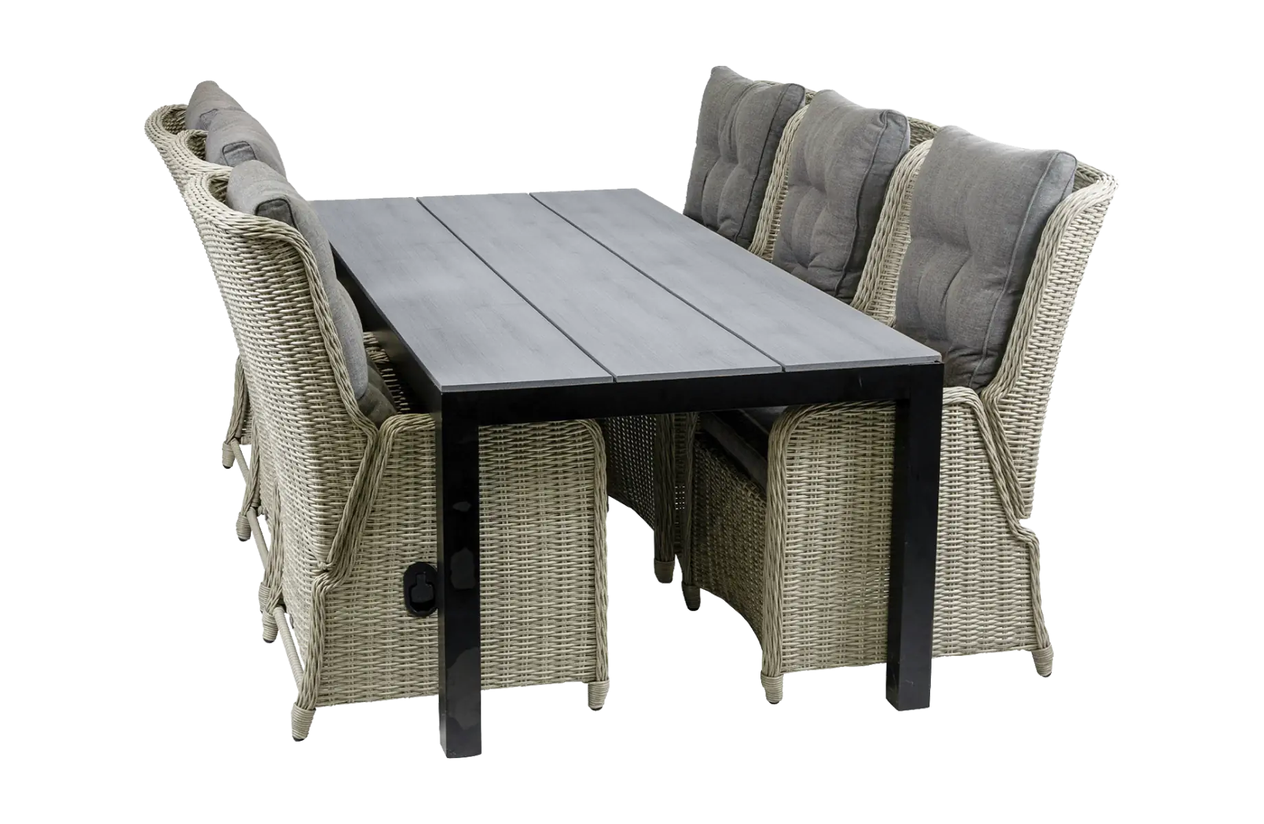 Dublin 7 delige tuinset-dublin verstelbare stoelen-Mystic Grey-Cyprus tuintafel 225cm-wicker-polywood-aluminium frame-schuin