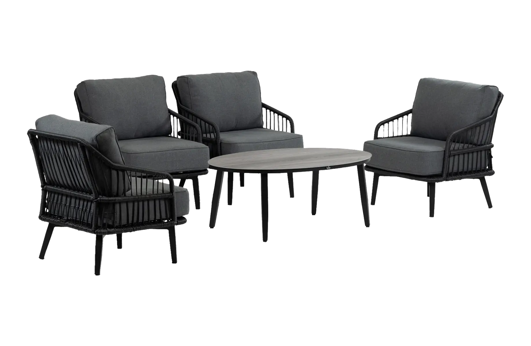 4x Loungestoel Isabel | Black + Bijzettafel Mykonos Ovaal 120x75cm | Grey | Aluminium & Kunststof