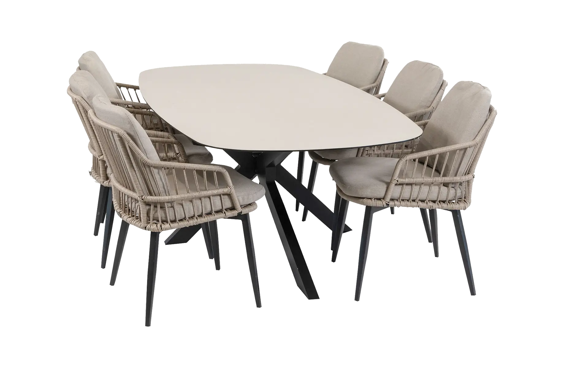 7-delige tuinset | 6 Isabel tuinstoelen | Tuintafel Barletta 240x115cm | Sand & Black Sandstone