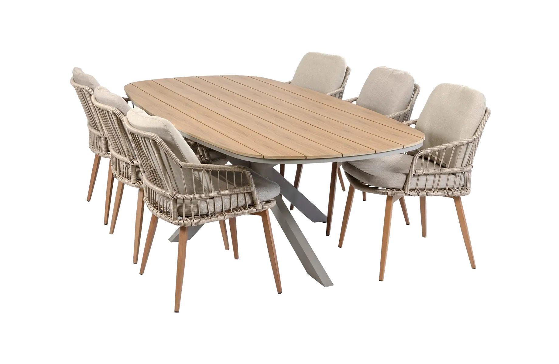 7-delige tuinset | 6 Isabel tuinstoelen (Sand/Wood) | Tuintafel Cadiz 240x115cm (Camel)