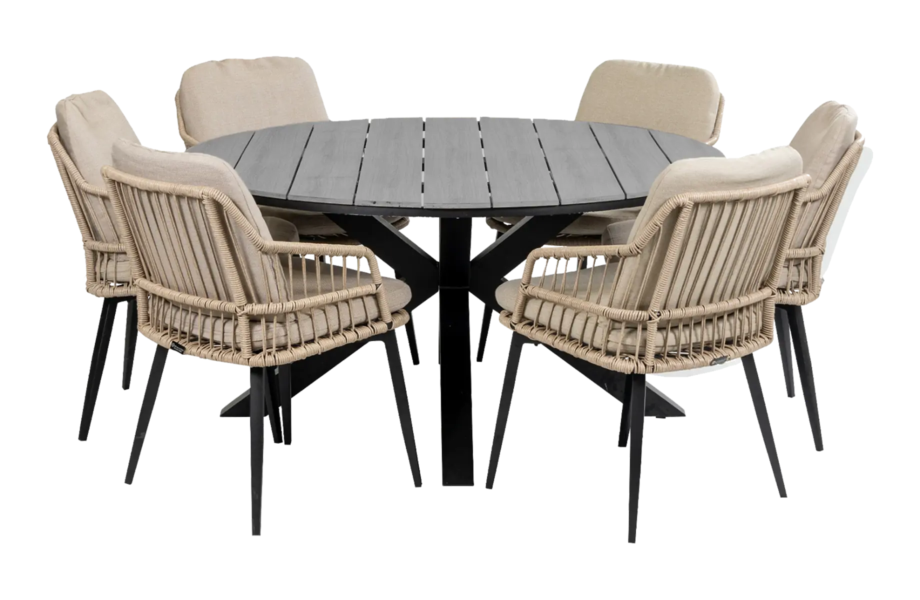 ronde-tuinset-6personen-rope-tuinstoelen-beige-tuintrend-moderne-tuin-polywood-tuintafel-rond