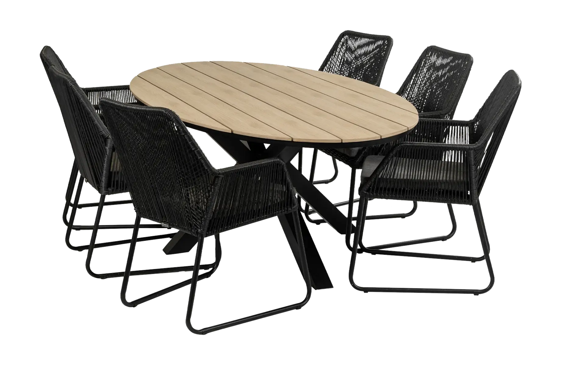 Mona ovale tuinset-7 delige tuinset-Cyprus ovale tuintafel-wood kleur tafelblad-Rope tuinstoel-Tuinstoel kleur black