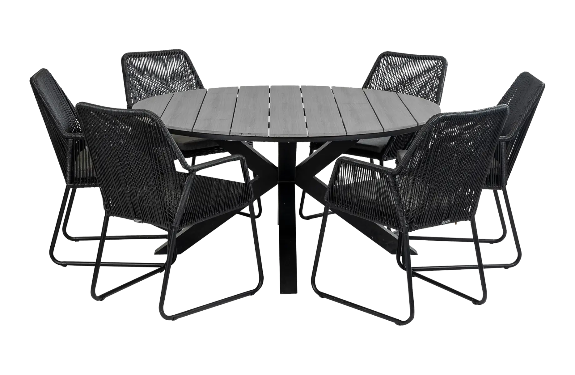7-delige ronde tuinset | 6 Mona tuinstoelen (Black) | ⌀150cm Cyprus tuintafel (Grey)