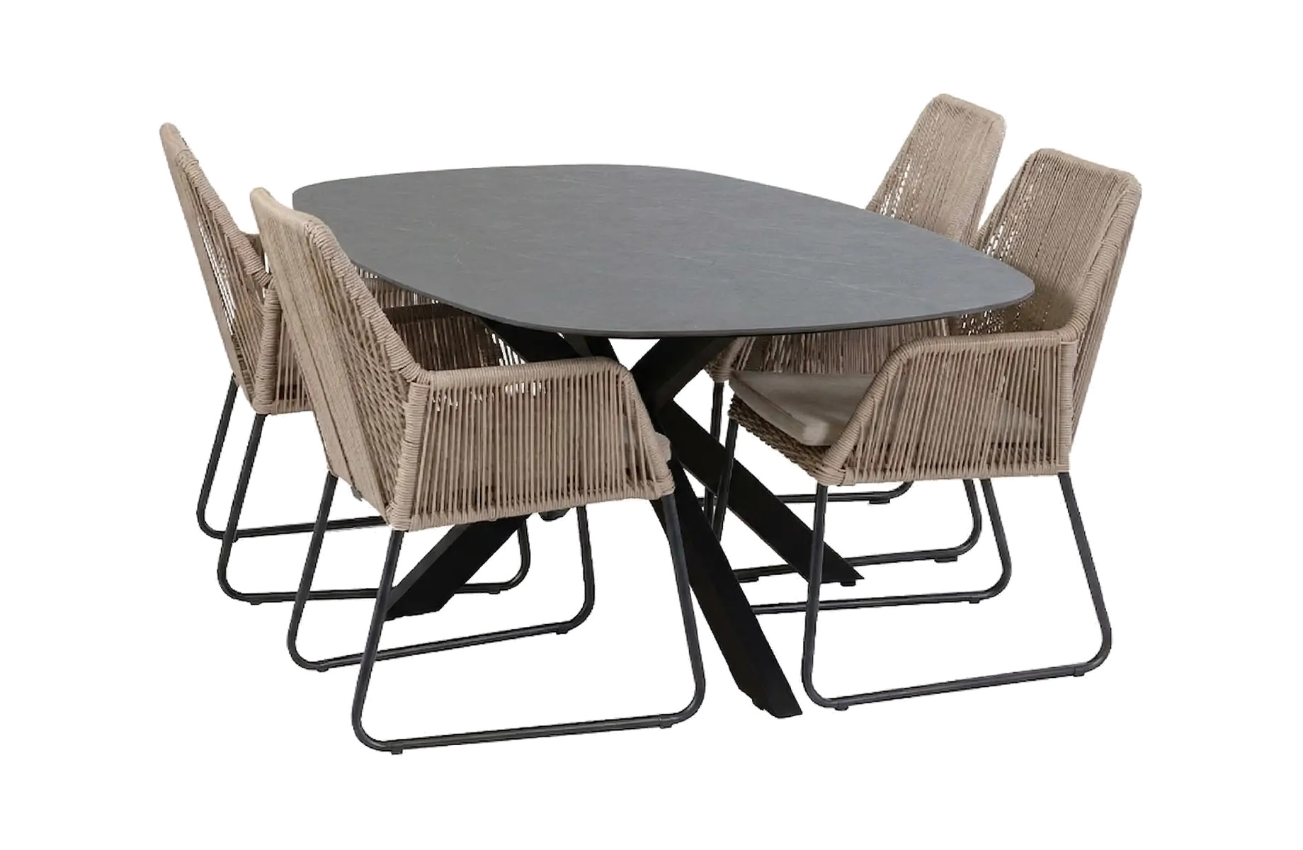 5-delige tuinset | 4 Mona tuinstoelen | Tuintafel Barletta 180x115cm | Sand & Black Desert Pearl