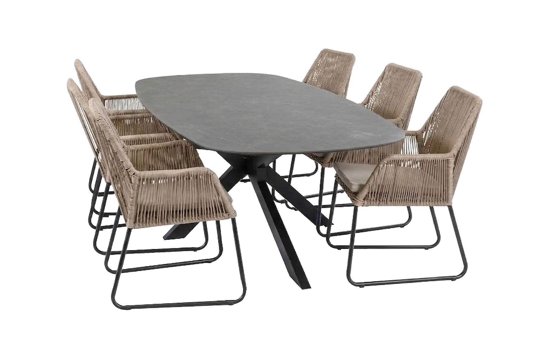 7-delige tuinset | 6 Mona tuinstoelen | Tuintafel Barletta 240x115cm | Sand & Black Desert Pearl 