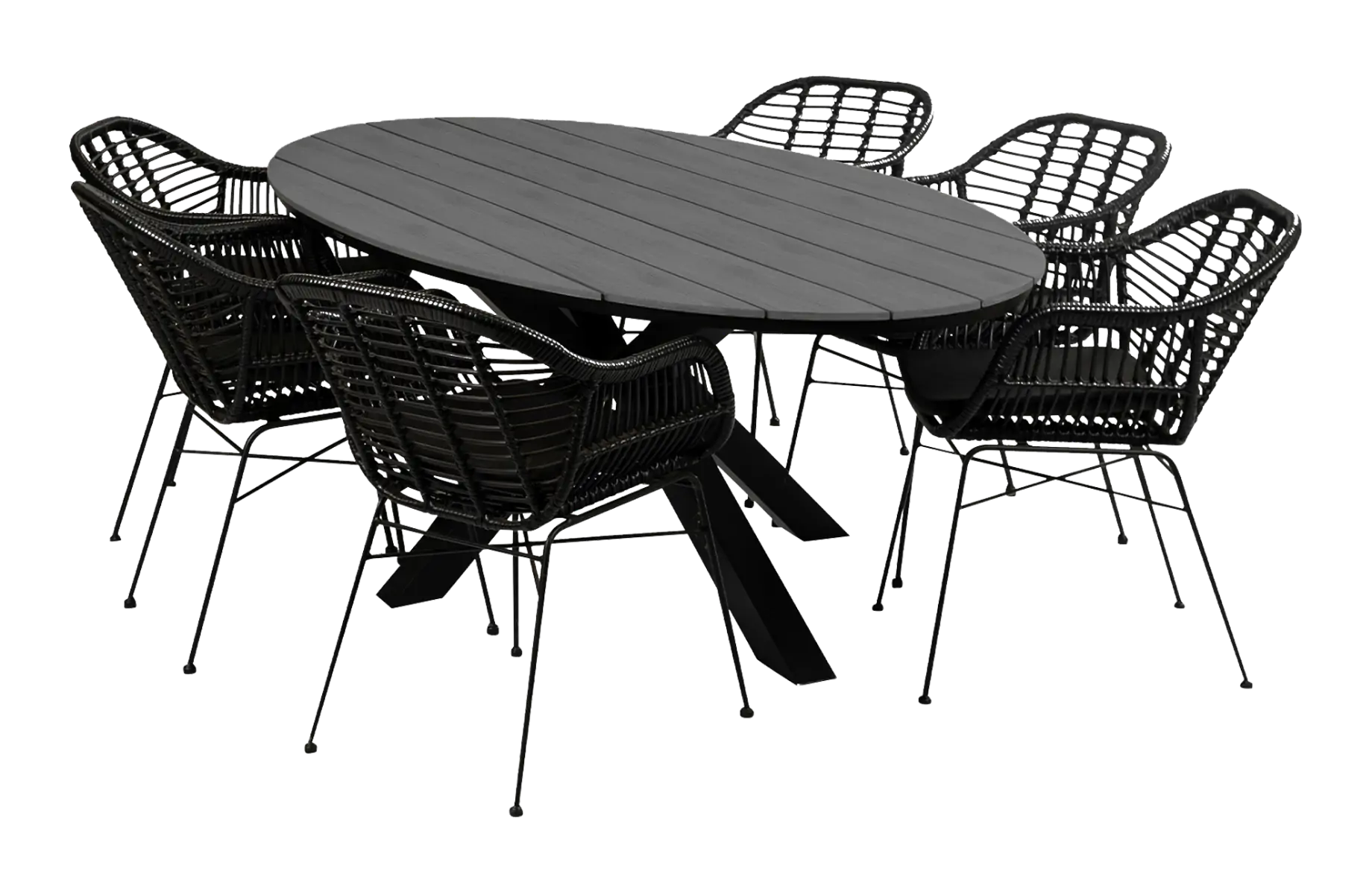 Oslo ovale tuinset-7 delige tuinset-Oslo tuinstoel black-rond wicker vlechtwerk-polywood tuintafel-grey kleur tafelblad-aluminium frame