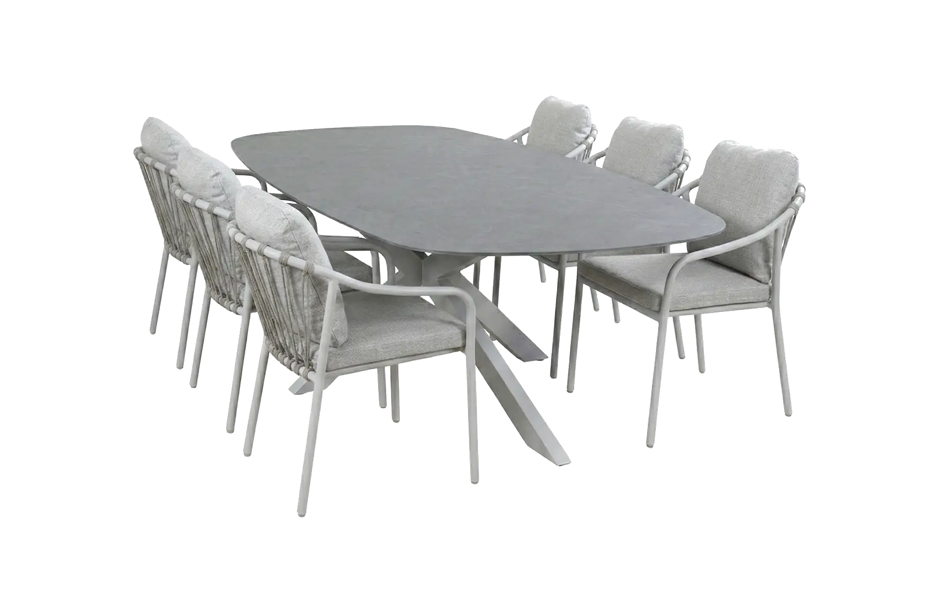 7-delige tuinset | 6 Parijs tuinstoelen (Latte) | Tuintafel Barletta 240x115cm (Desert Pearl/Camel)