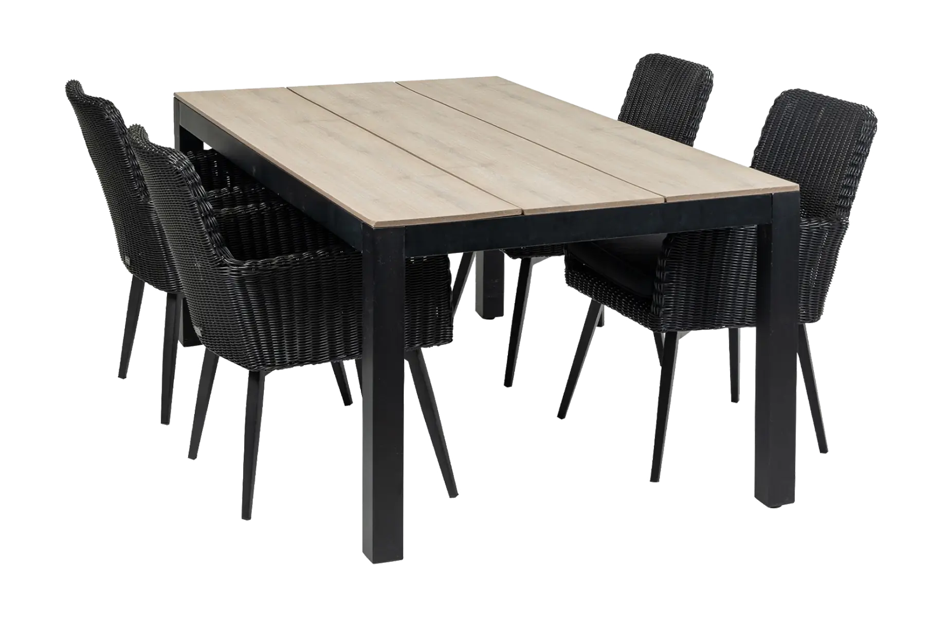 Pisa tuinset-5 delige tuinset-Pisa tuinstoel-black-rond wicker vlechtwerk-aluminium frame-polywood tuintafel-wood kleur tuintafel