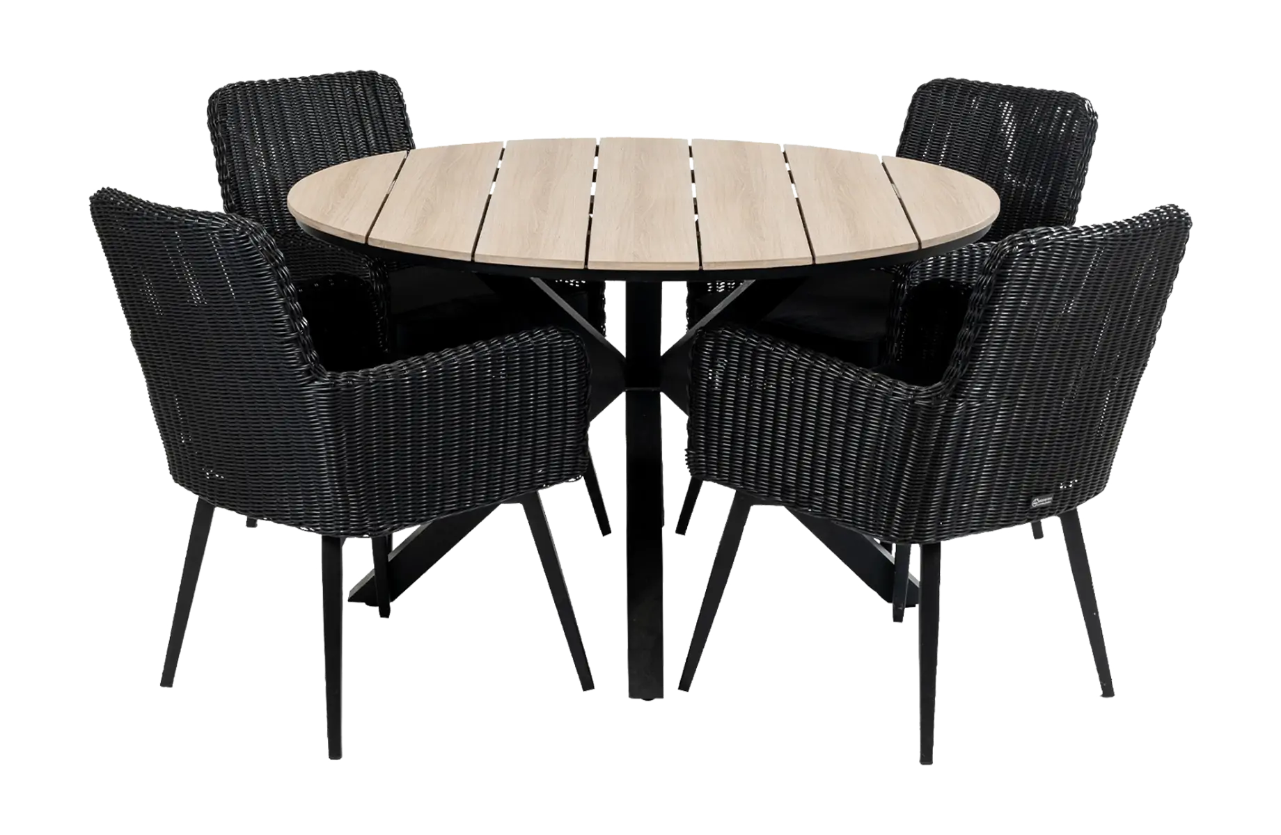 5-delige ronde tuinset | 4 Pisa tuinstoelen (Black) | ⌀120cm Cyprus tuintafel (Wood)
